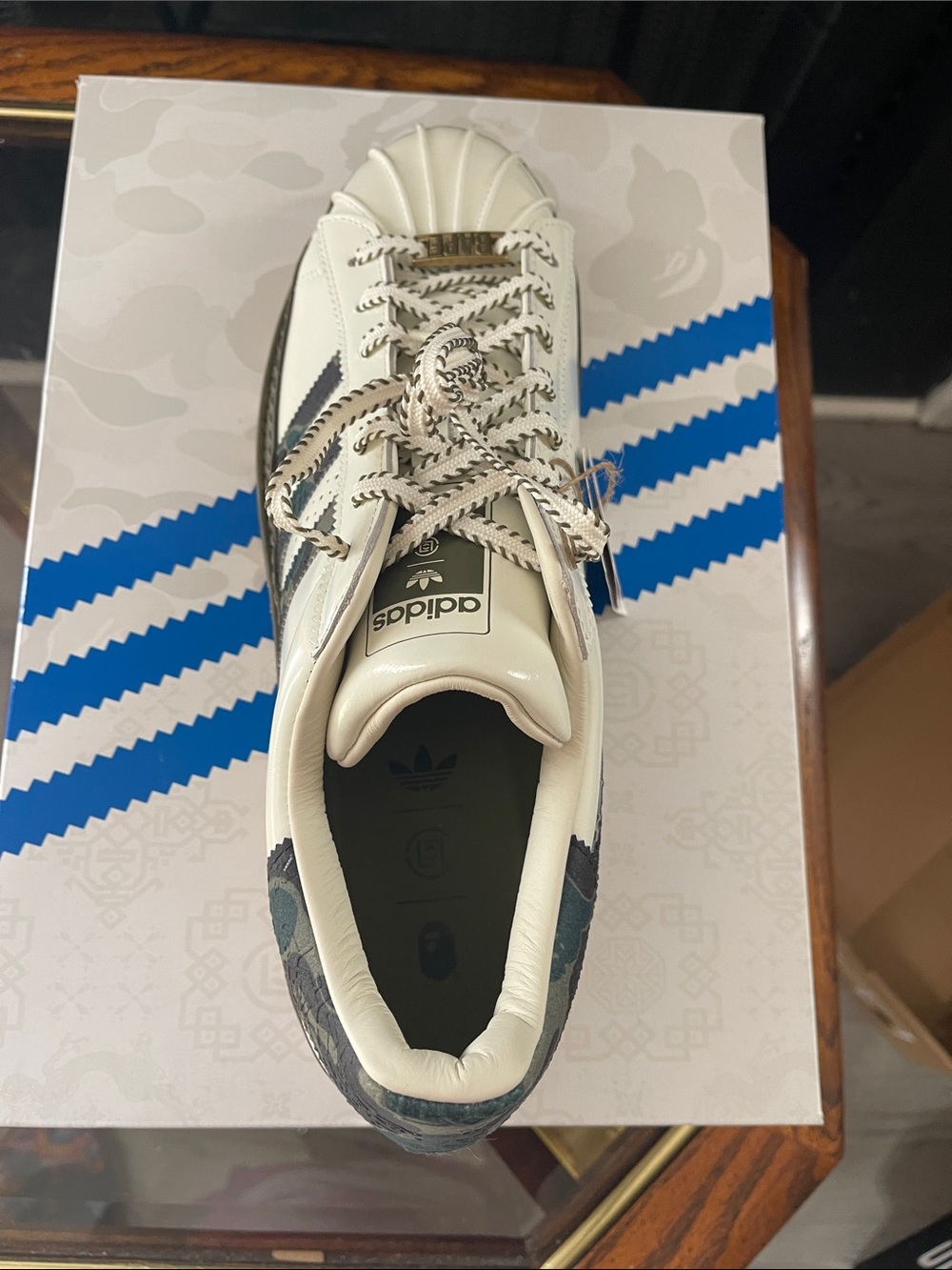 adidas Clot x Bape Superstar Low Top in White, Olive & Blush - Picture 10 of 12
